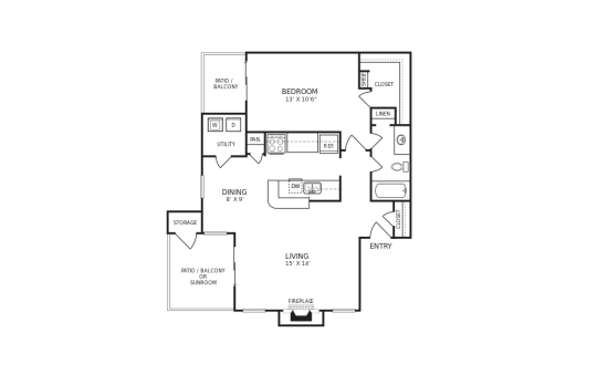 floor plan of a two bedroom apartment at The Hudson